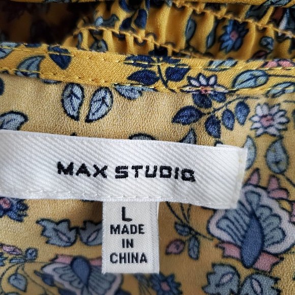 Max Studio Womens Tie Front Blouse Size L Yellow Floral Smocked Back 3/4 Sleeve - Picture 5 of 10